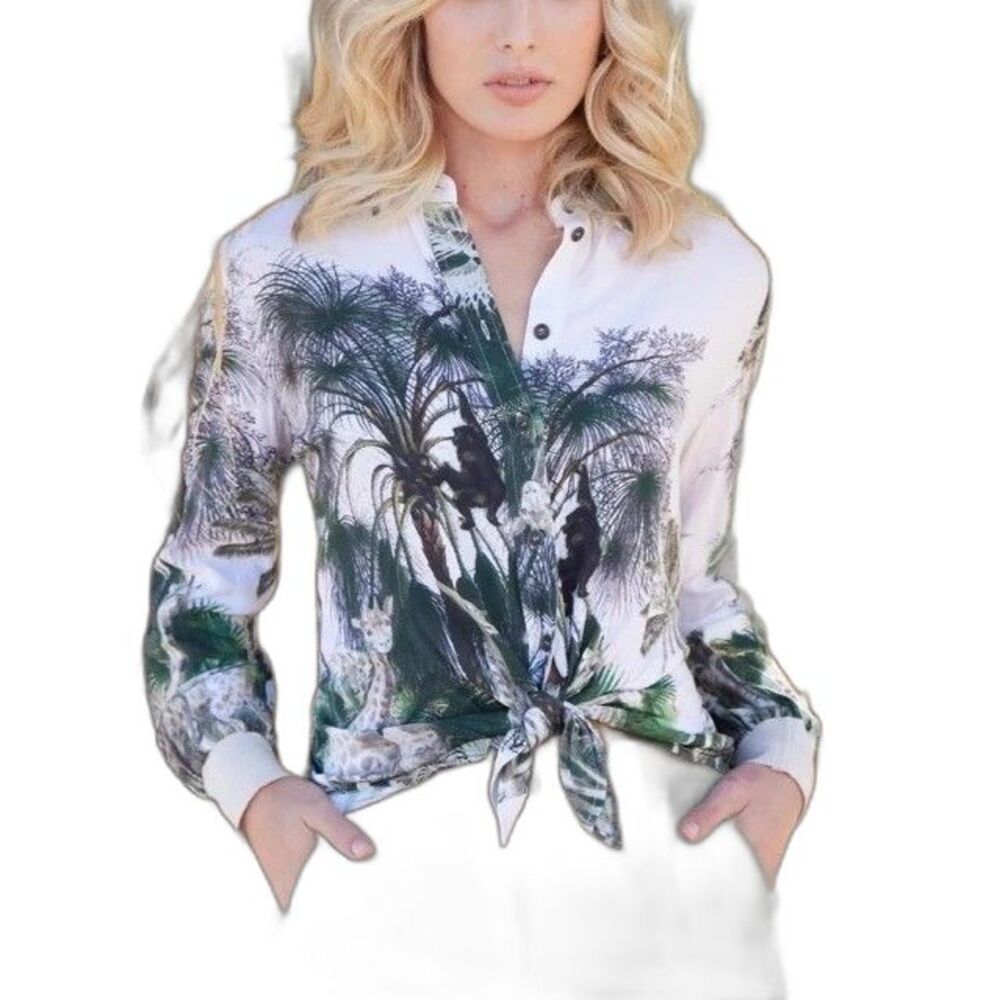 OO LALA Women Unique Giraffes Print Palms Button Up Shirt Glitter Cuff Size L